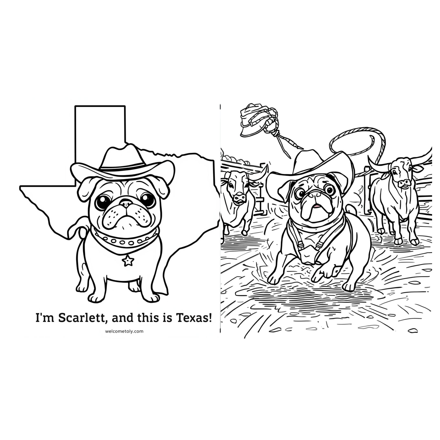 Scarlett the Pug Texas Coloring Book for Kids Digital Download